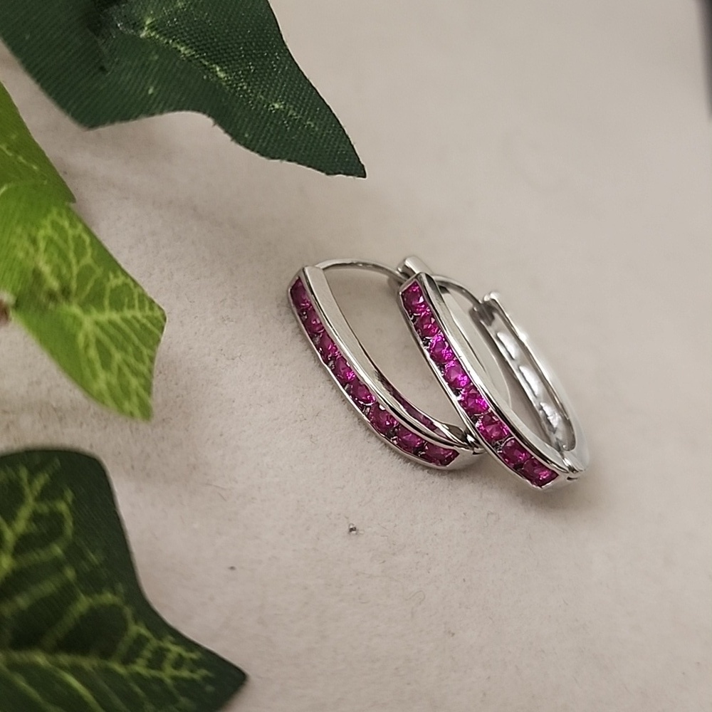 Silver Gold Filled Fushia Pink CZ Crystal Oblong Hoop Earrings